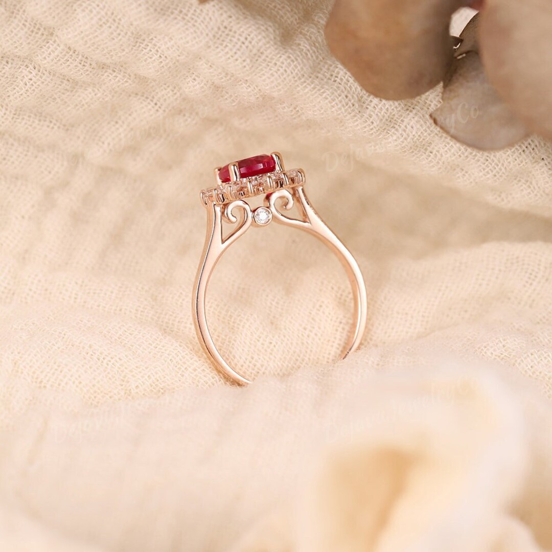 Unique Round Cut Ruby Engagement Ring Filigree Rose Gold Baguette ...