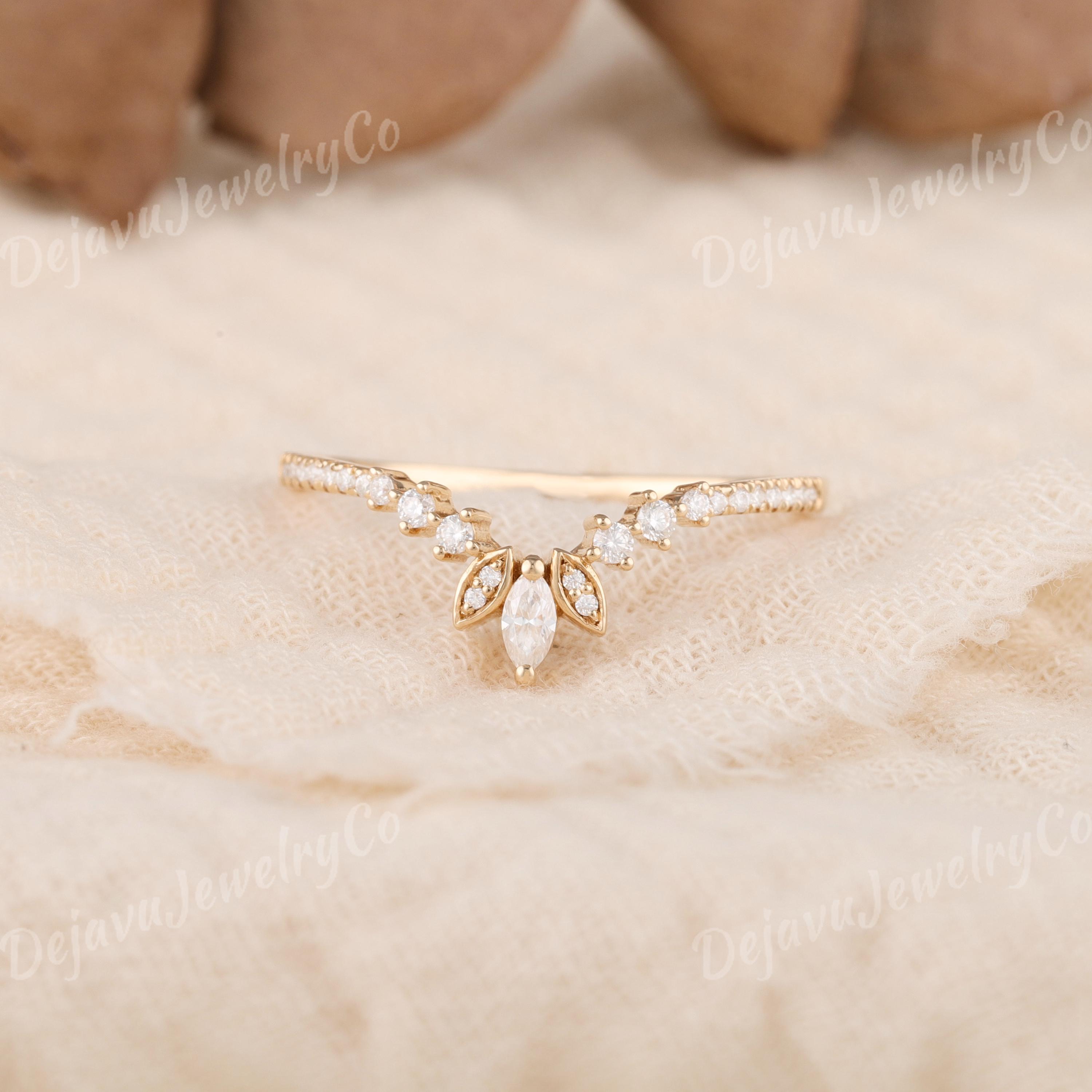Art Deco Diamond Wedding Band Yellow Gold Marquise Moissanite Curved ...