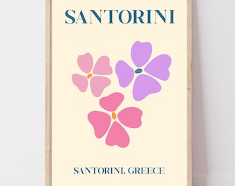 Santorini Greece Print | Abstract Floral Wall Art | Retro Travel Poster | Greek Island Gift | A4 A3 A2+ Digital Download