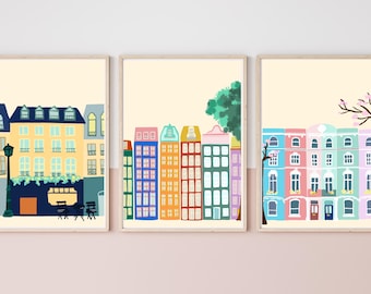 Paris London Amsterdam Print Set of 3 | Retro European Wall Art | Gallery Wall Gift, Housewarming | A4 A3 A2 Digital Download