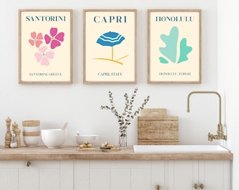 Santorini Honolulu Capri Print Set of 3 | Retro Travel Wall Art | Gallery Wall Gift, Wanderlust Decor | A4 A3 Digital Download