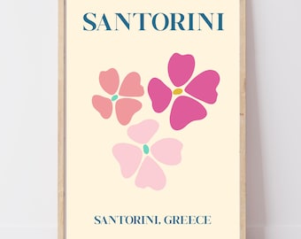 Santorini Greece Print | Abstract Floral Wall Art | Retro Travel Poster | Greek Island Gift | A4 A3 A2+ Digital Download