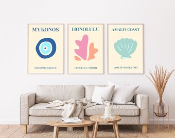 Mykonos Honolulu Amalfi Coast Print Set of 3 | Retro Travel Wall Art | Gallery Wall Gift, Wanderlust Decor | A4 A3 Digital Download