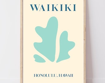 Waikiki Hawaii Print | Retro Tropical Wall Art, Abstract Illustration | Beach Gift, Gallery Wall | A4 A3 A2+ Digital Download