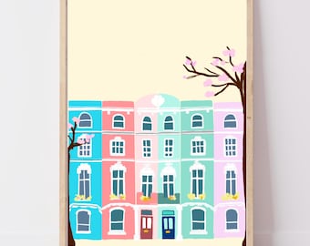 Notting Hill London Print | Colourful Houses Wall Art | Travel Gift, Housewarming | A4 A3 A2 + Digital Download