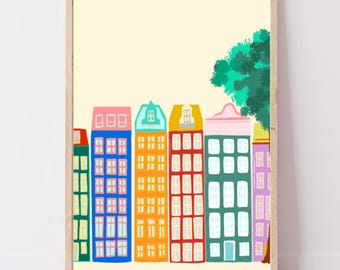 Amsterdam Print | Colourful Dutch Buildings Wall Art | Retro Travel Poster | Europe Gift | A4 A3 A2 + Digital Download