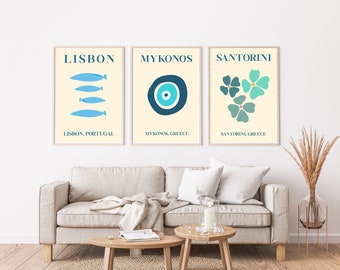 Mykonos Honolulu Amalfi Coast Print Set of 3 | Retro Travel Wall Art | Gallery Wall Gift, Wanderlust Decor | A4 A3 Digital Download