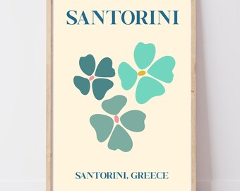 Santorini Greece Print | Abstract Floral Wall Art | Retro Travel Poster | Greek Island Gift | A4 A3 A2+ Digital Download
