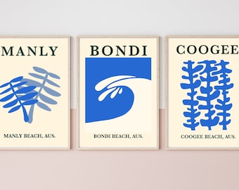 Bondi Coogee Manly Beach Print Set of 3 | Retro Sydney Wall Art | Australian Beach Gift, Housewarming | A4 A3 A2+ Download