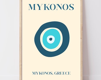 Mykonos Evil Eye Print | Greek Wall Art, Retro Illustration | Travel Gift, Gallery Wall | A4 A3 A2+ Digital Download