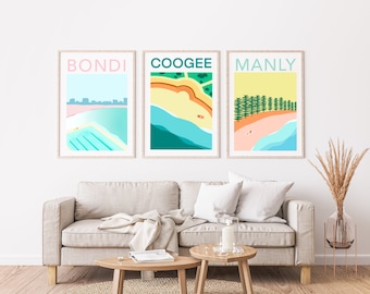 Bondi Coogee Manly Beach Art Print Set | Retro Coastal Decor (Digital Download)