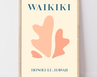 Waikiki Hawaii Print | Retro Tropical Wall Art, Abstract Illustration | Beach Gift, Gallery Wall | A4 A3 A2+ Digital Download