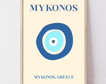 Mykonos Evil Eye Print | Greek Wall Art, Retro Illustration | Travel Gift, Gallery Wall | A4 A3 A2+ Digital Download