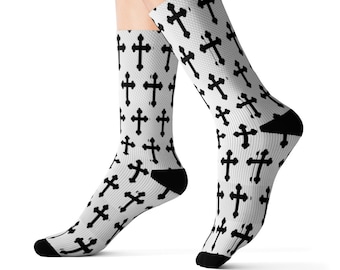 Chaussettes Christian Cross Sublimation , Chaussettes croisées noires et blanches, Chaussettes croisées chrétiennes, unisexes, Chaussettes Christian Crew