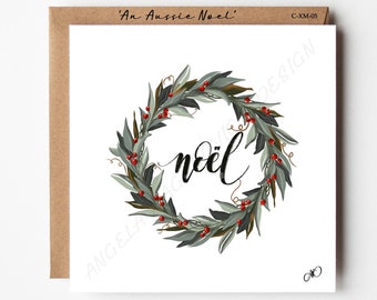 Aussie Noel,Aussie Australian Native Flowers,Wreath,Christmas Xmas Greeting Card,Happy Holidays,Minimal Simple xmas card,Eucalyptus Card