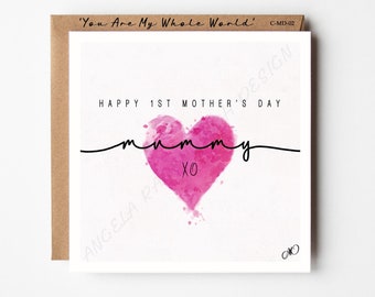 1st Mother’s Day Mummy Card,Happy First Mothers Day Card,Bright Pink,Mummy card,Simple, Minimal, Elegant, Unique Hand Drawn Art Card