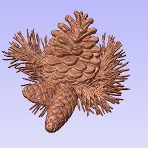 May include: A detailed, brown, three-dimensional carving of a pine cone with surrounding needles. The pine cone is the central focus, with intricate details on the scales and texture. The needles are arranged around the cone, adding to the naturalistic design.