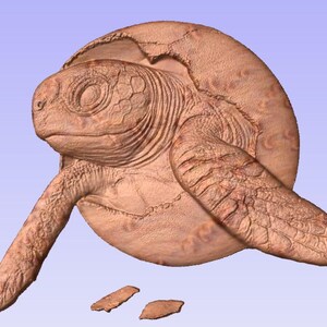 Może przedstawiać: Szczegółowa rzeźba żółwia wychodzącego z pękniętej skorupy jaja. Żółw ma teksturowaną, brązową powierzchnię z widocznymi łuskami i zmarszczkami. Dwa kawałki skorupy jaja znajdują się w pobliżu żółwia.