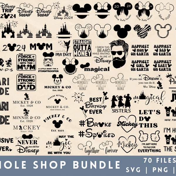 Whole Shop Bundle, 2024, Mickey Mouse, 70 SVG cut files, safari mode, castle, design element, spoiled, broke, family trip, making memories