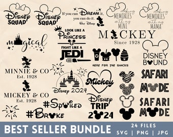 Bestseller Bundle, 2024, Mickey Mouse, 24 SVG-Schnittdateien, Safari-Modus, Schloss, Designelement, verwöhnt, pleite, Familienausflug, Erinnerungen machen