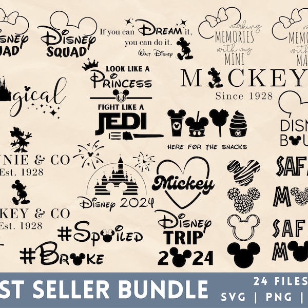 Bundle best-seller, 2024, Mickey Mouse, 24 fichiers SVG, mode safari, château, élément de design, gâté, fauché, voyage en famille, création de souvenirs