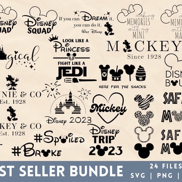 Best Seller Bundle, 2023, Mickey Mouse, 24 SVG cut files, safari mode, castle, design element, spoiled, broke, family trip, making memories