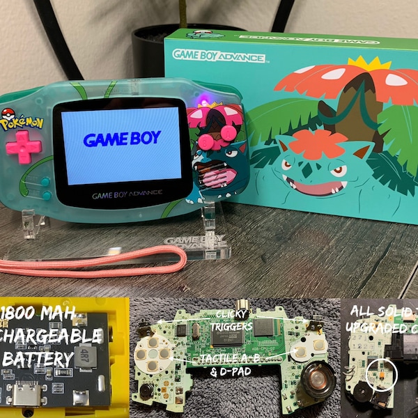 Venusaur Pokémon UV Printed Custom Game Boy Advance Gba - IPS Screen, Tactile D-Pad & a/b buttons, Clicky triggers, rechargable battery +