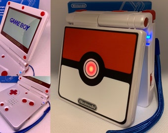 Pokéball Pokémon “Catch’em all” Custom Gameboy Advance SP Gba Sp w/ IPS V2, Custom 900mAh battery, usb-c port ,Pulsing center LED, & Pwr Led