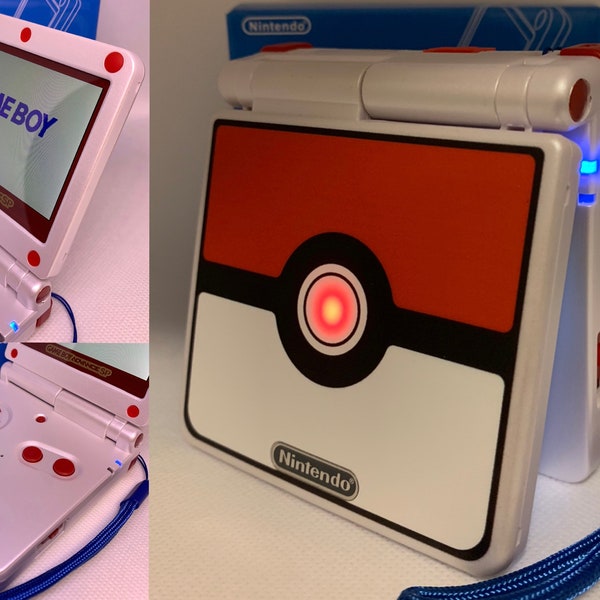 Pokéball Pokémon “Catch’em all” Custom Gameboy Advance SP Gba Sp w/ IPS V2, Custom 900mAh battery, usb-c port ,Pulsing center LED, & Pwr Led