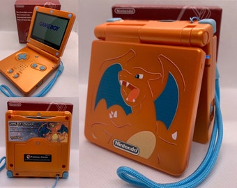 Gallegos Charizard Pokémon Custom Game Boy Advance Gba SP Uv Printed, IPS v5 Screen, Custom 900 mAh Battery, Charger, Ice blue power Led