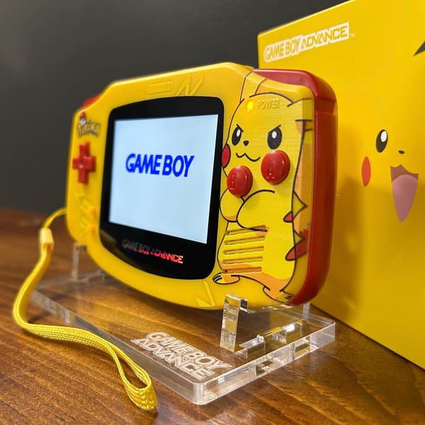 Pikachu Pokémon UV Printed Custom Game Boy Advance GBA - IPS Screen, Clicky triggers, yellow power Led, and Rechargeable battery + more.