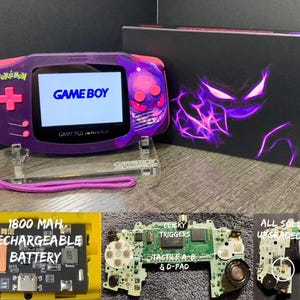 Gengar Pokémon UV Printed Custom Game Boy Advance Gba - v5 IPS Screen, Clicky triggers, rechargable battery option + more