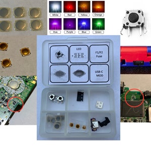 GBA SP Mod/Repair/Refurbish Kit. L/R Shoulder buttons, D-Pad/A/B/Start/Select tactile buttons, USB-C Mod, F1/F2 fuse, Pwr Led mod.