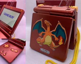 Charizard Pokémon Custom Game Boy Advance Gba SP Uv Printed with IPS v2 Screen, Custom 900 mAh Battery, Charger, Yellow power Led