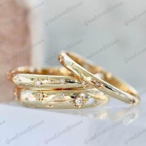 Star Wedding Band, 3mm 4mm 5mm Celestial Eternity Ring, 14k Solid Gold Dainty Star Setting Anniversary Pave Celestial Ring, Matching Band