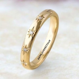 Star Wedding Band, Diamond Minimal Star Pave Band, 14k Gold Celestial Wedding Band, Starburst Anniversary Band, Dainty Comfort Fit Gold Band