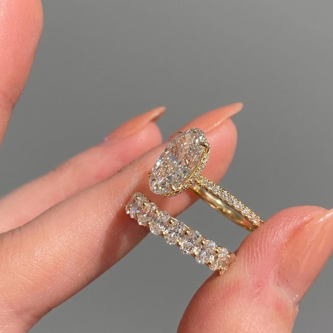 3 CT Oval Cut Moissanite Engagement Ring Set, 14K Solid Gold Bridal ...