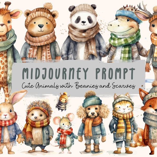Midjourney Prompt for Cute Watercolor Animals, Ai Art Prompts of Animals Wearing Beanies and Scarves, Nursery Prompt for Digital Ai Art