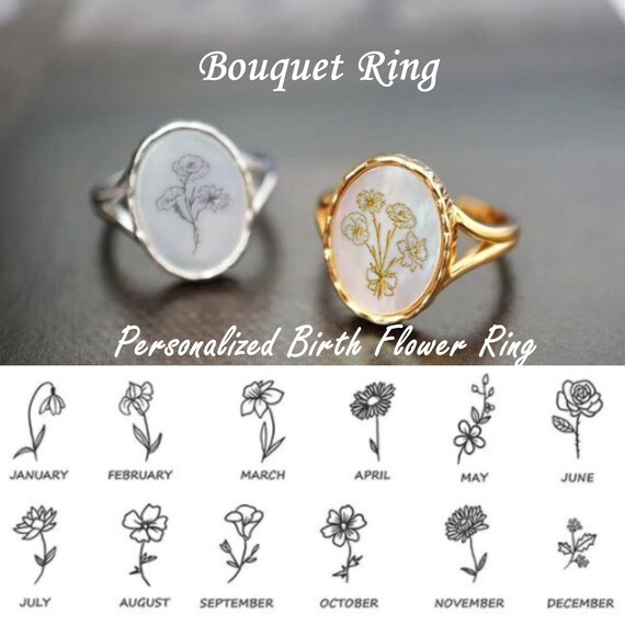 Anneau de fleur de naissance multiple personnalisé, anneau de fleur du mois  de naissance, anneau de mère, anneau floral, anneau de bouquet