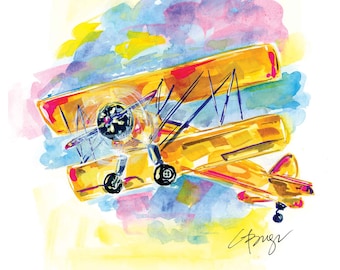 Bi-Plane Art Print 8.5" x 11" Giclee print, Gouache Painting, Wall Print, Bi-Plane, Airplane, Nursery Decor- Ready to ship!