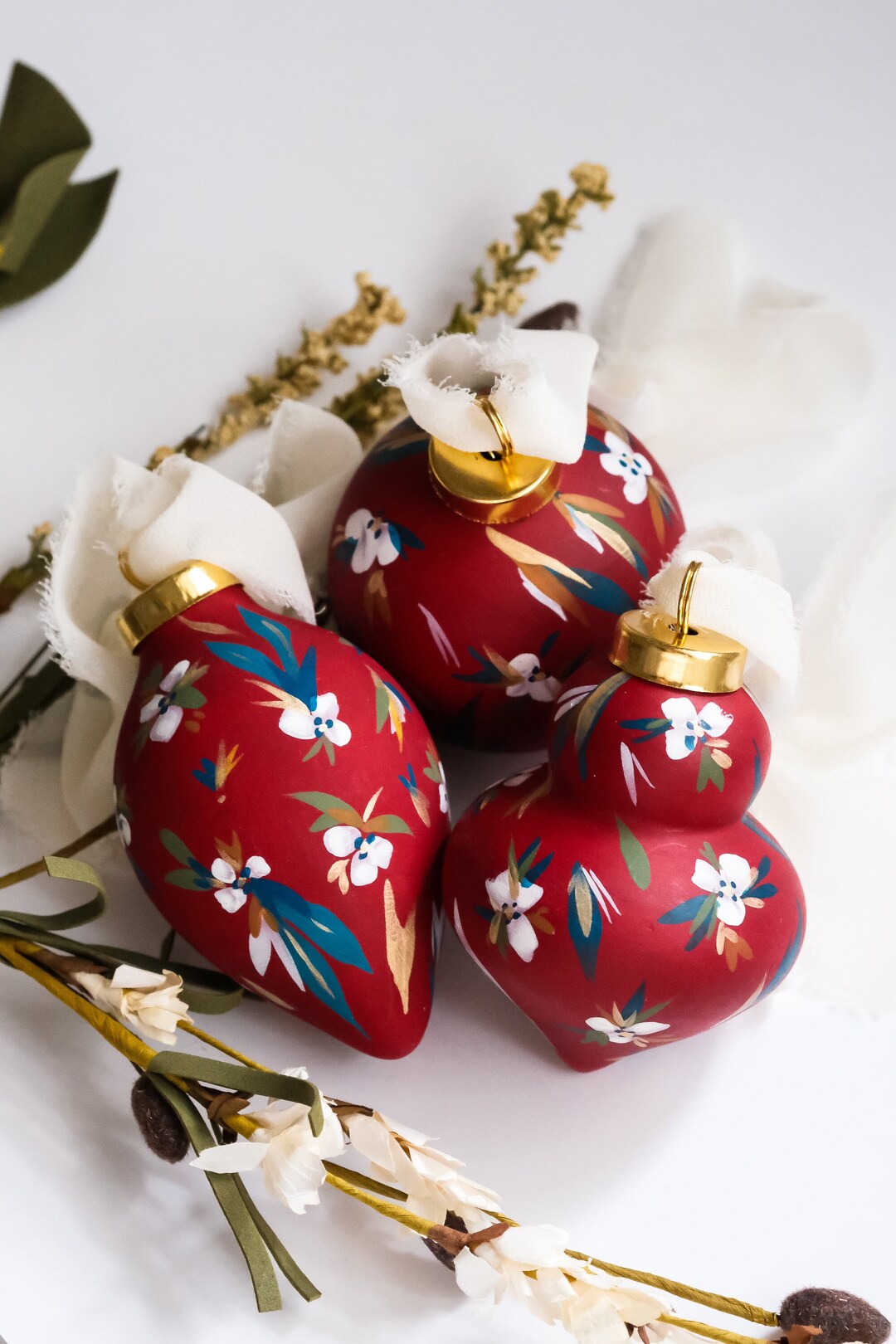 Hand Painted Red Christmas Ornament With Floral Print, Tree Ornaments, Red Ceramic Ornament With