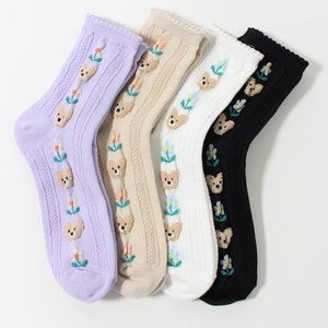 Bear Flower Pastel Pretty Cute Gift Combed Cotton Woman Socks