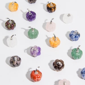 Puede incluir: Una colección de pequeñas calabazas de piedras preciosas talladas en varios colores, incluyendo naranja, morado, verde y rosa. Cada calabaza tiene un tallo plateado. Las calabazas están dispuestas sobre una superficie blanca.