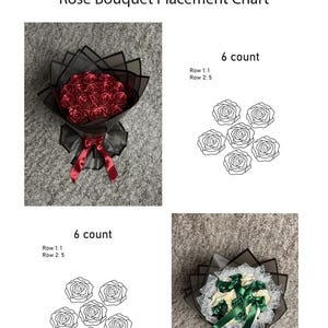以下が含まれることがあります： 「Rose Bouquet Placement Chart」というタイトルのチャートには、バラの花束と図の画像が表示されています。ある花束は赤いバラを、別の花束は白と緑のバラを特徴としています。このチャートには、バラのアレンジメントの線画も含まれています。