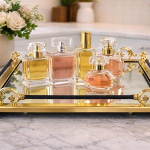 May include: A gold-toned mirrored tray with ornate handles holds five perfume bottles of varying shapes and colors. A lit candle, a vase of flowers, and a decorative jar are also on the marble surface, creating an elegant display.