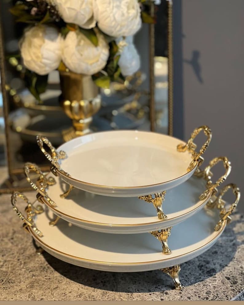 Elegant 3piece Gold Decorative Porcelain Snack and Cake Serving Plates Set Etsy