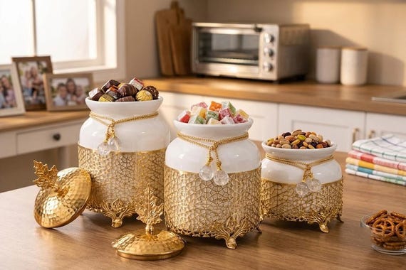 Gold Kitchen Decor: Ceramic Canister Set for Coffee, Tea, Sugar