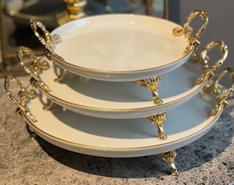 Elegant 3-Piece Gold Decorative Porcelain Snack and Cake Serving Plates Set