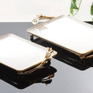 Luxury Porcelain Serving Tray with Gold Handle | Decorative Cake Stand for Events & Dinner Parties | Modern Housewarming Gift