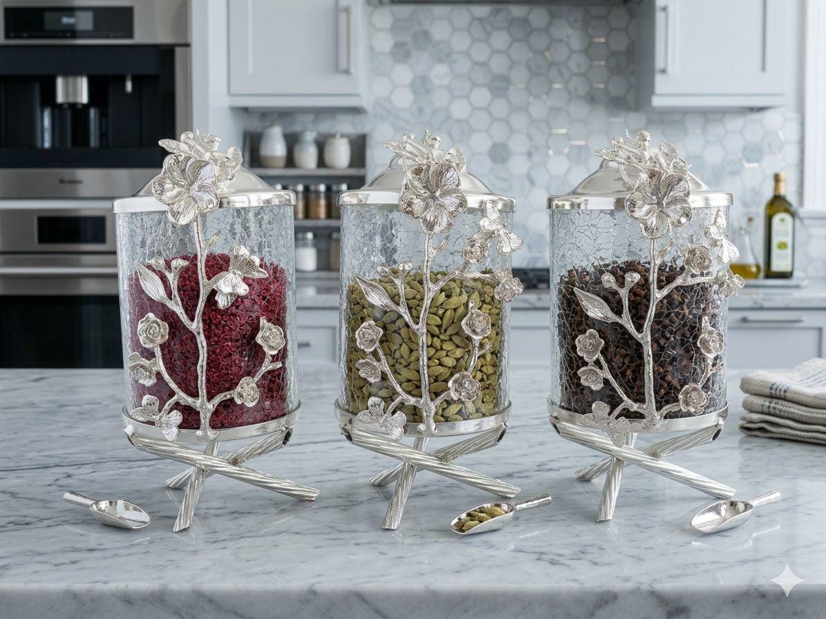3-piece Glass Canister Set With Gold Metal Stand - Gold Kitchen Decor ...